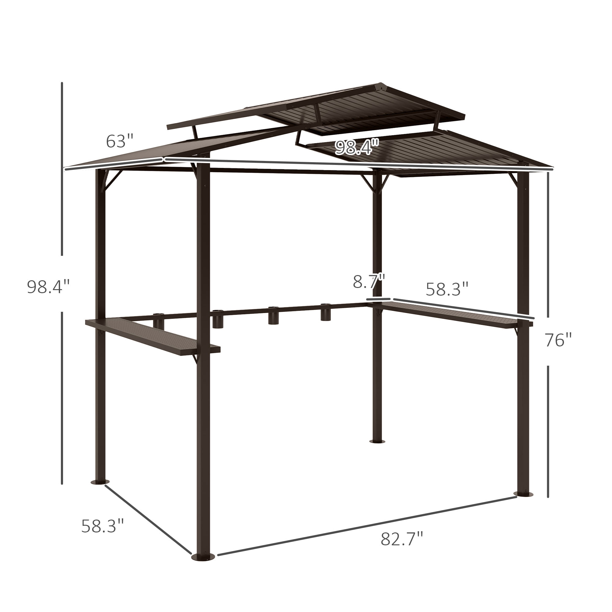 Outsunny 8' x 5' Hardtop Grill Gazebo, Outdoor BBQ Gazebo with Double Metal Roof, 2 Side Shelves and 4 Cup Holders for Patio Backyard Lawn Deck