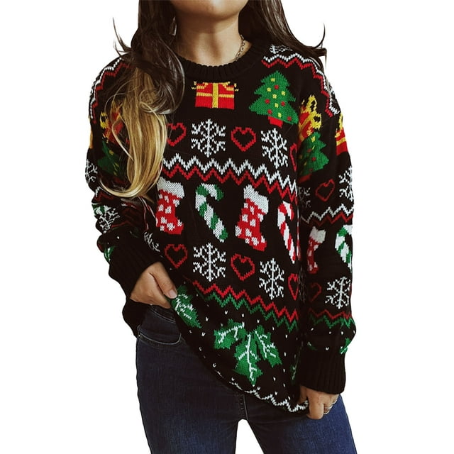 Boiiwant Pull de Noël Laid pour les Femmes à Manches Longues Col Rond Snowflake Bas Impression Pulls Tricotés Automne Hiver Noël Pulls Amples