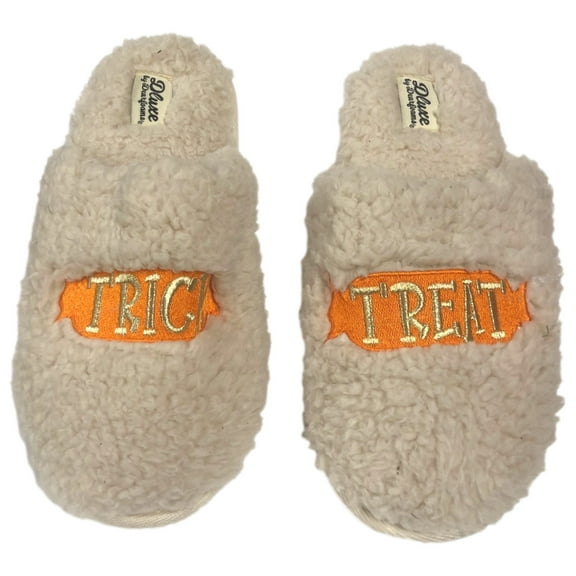 Dearfoams Womens Beige Sherpa Trick or Treat Halloween Slippers Scuffs 9-10