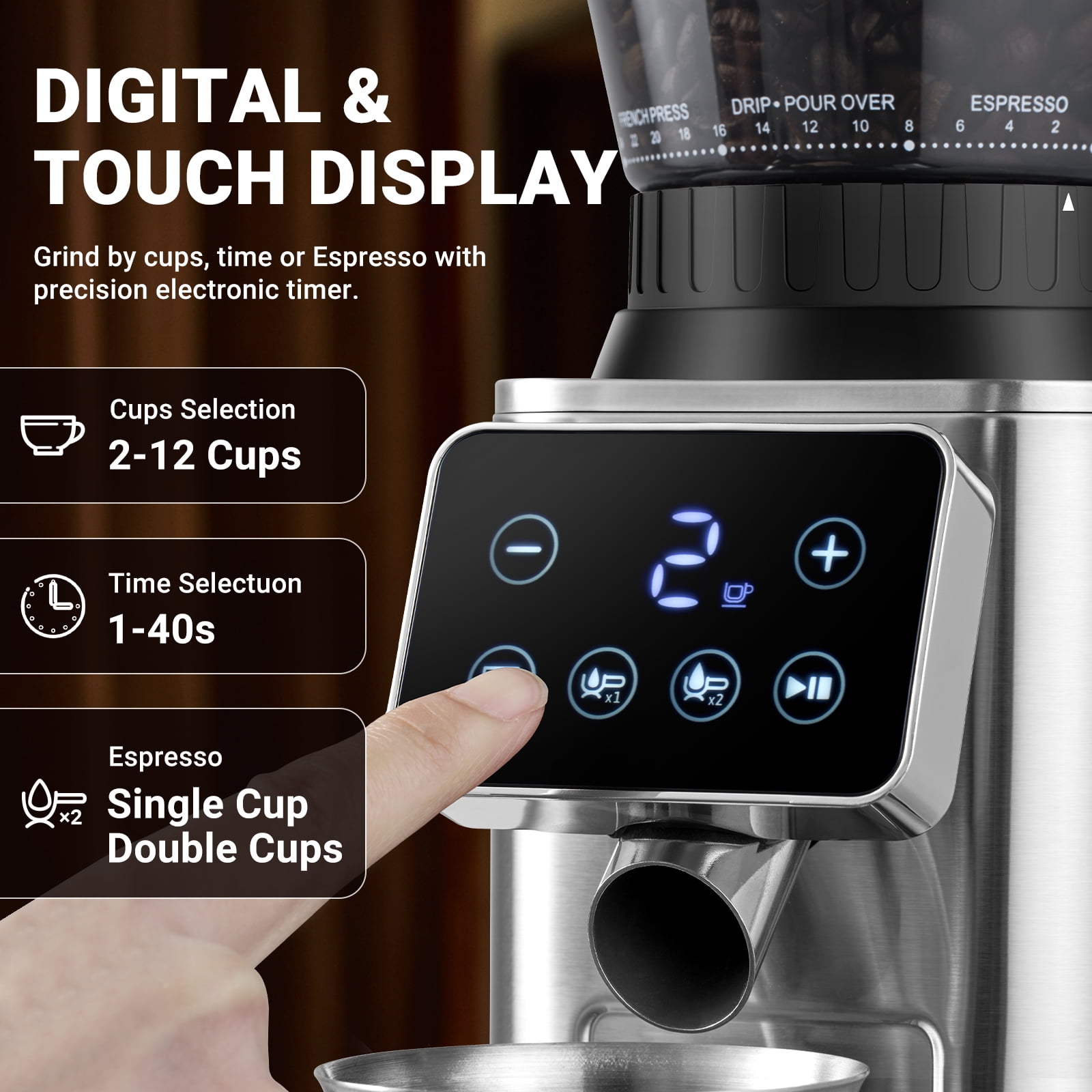 Sunmaki Electric Burr Coffee Grinder, 24 Grind Settings, LED Control Panel, Anti-Static Design, Silver
