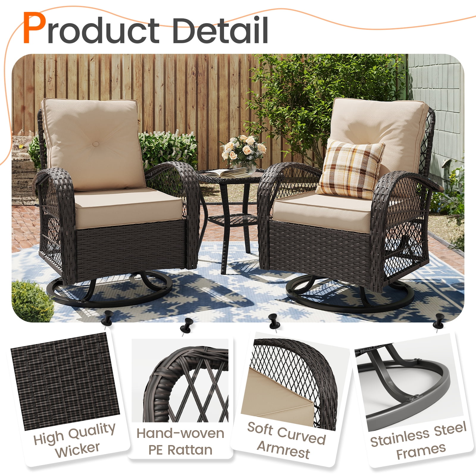 MRUAKA 3 Pieces Patio Furniture Set, Outdoor Swivel Gliders Rocker, Wicker Patio Bistro Set with Rattan Rocking Chair, Glass Top Side Table and Thickened Cushions for Porch Deck Backyard(Khaki)