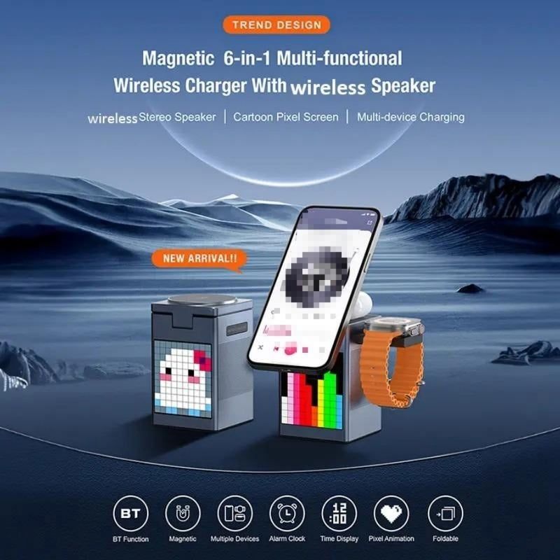 6-in-1 Wireless Charging Dock with Speaker, Digital Clock & Ambient Light - Magnetic Fast Charger for iPhone 16/15/14/13/12 & AirPods | Perfect Tech Gift