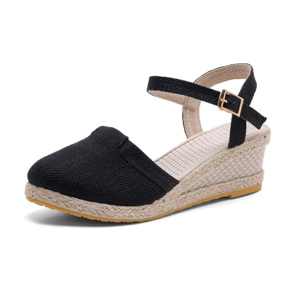 Women Espadrilles Wedge Sandals Closed Pointed Toe Casual Walking Sandal Ladies Slingback Ankle Strap Low Heel Shoes Black 6