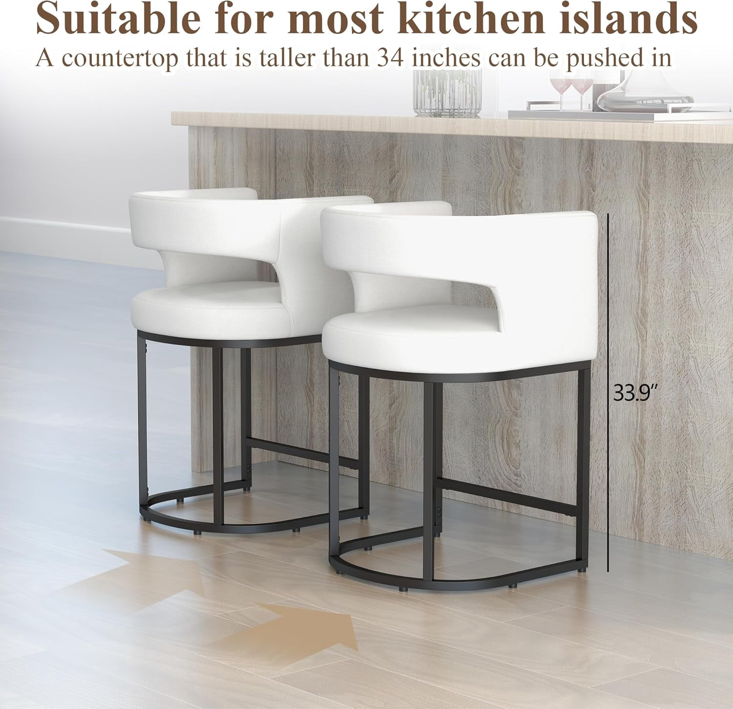 Westice Counter Height Stools Set of 2 for Kitchen Island, 25" Barral Bar Stools with Backrest, Black Metal Frame, Upholstered Linen Fabric Seat for Pub, Club, Dining Room, Beige