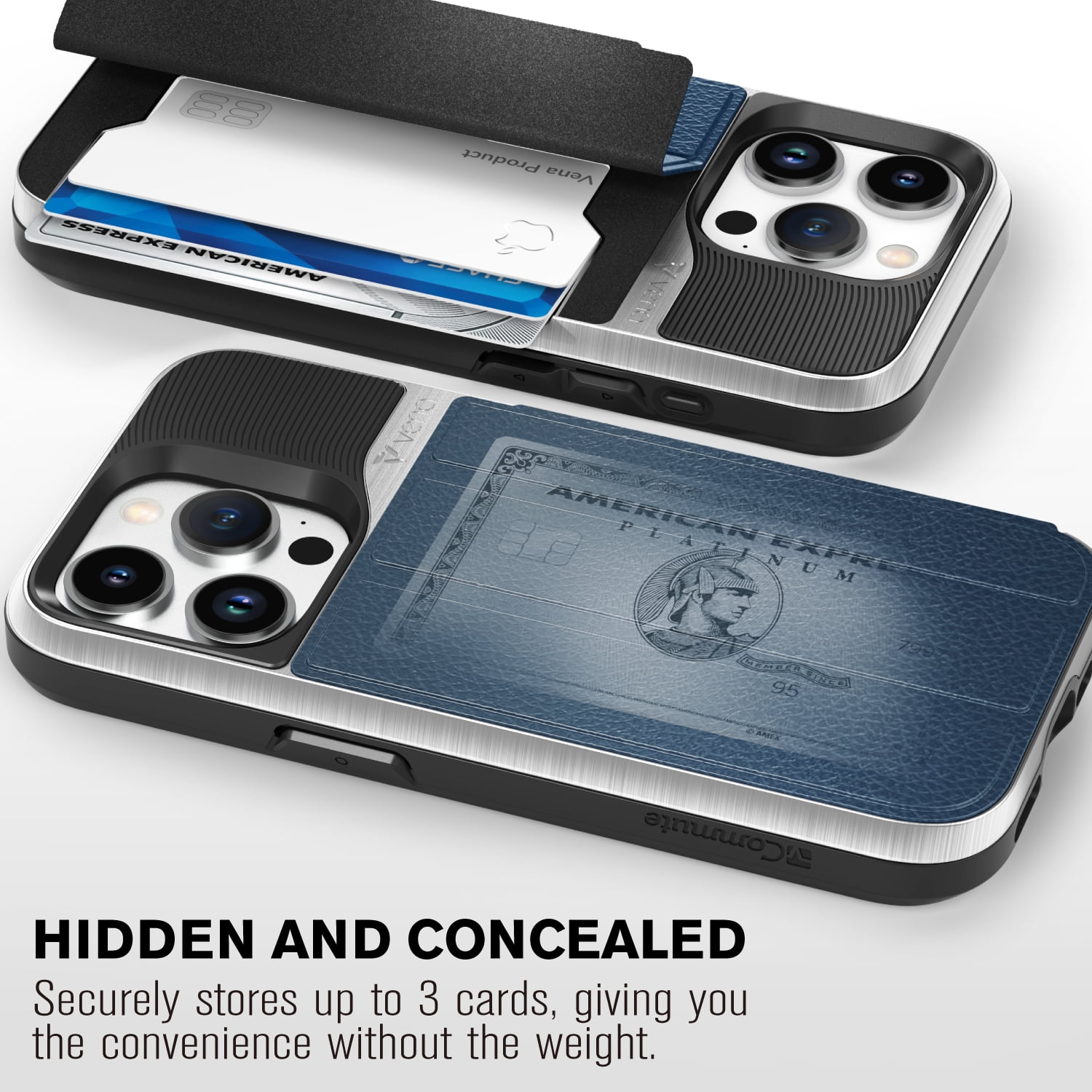 VENA vCommute Wallet Case Compatible with Apple iPhone 15 Pro (6.1"), (Military Grade Drop Protection) Flip Leather Cover Card Slot Holder with Kickstand - Silver / Blue / Black