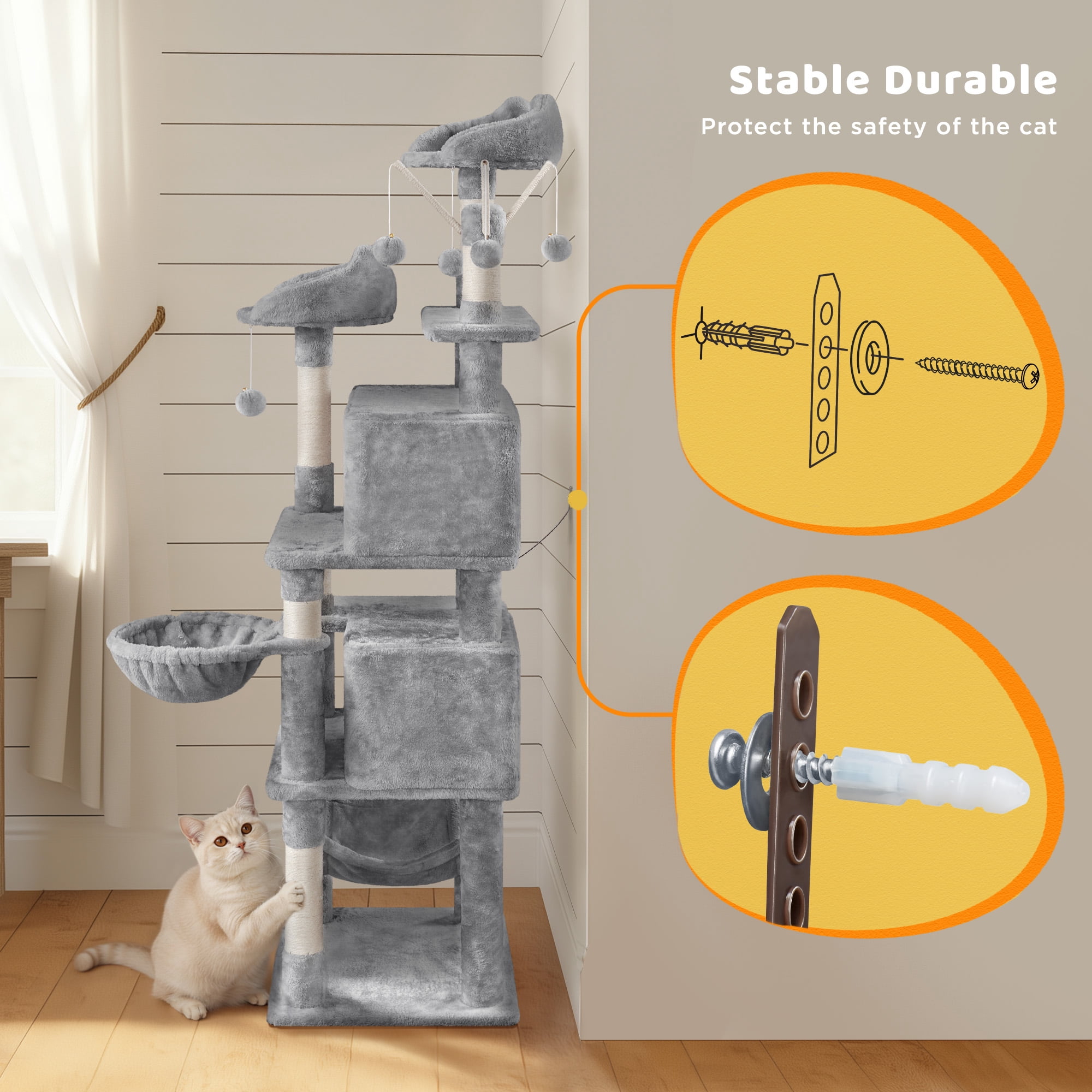 Alden Design 67" H Multi-Level Cat Tree Tower with 2 Cat Condos & Hammock Basket, Light Gray
