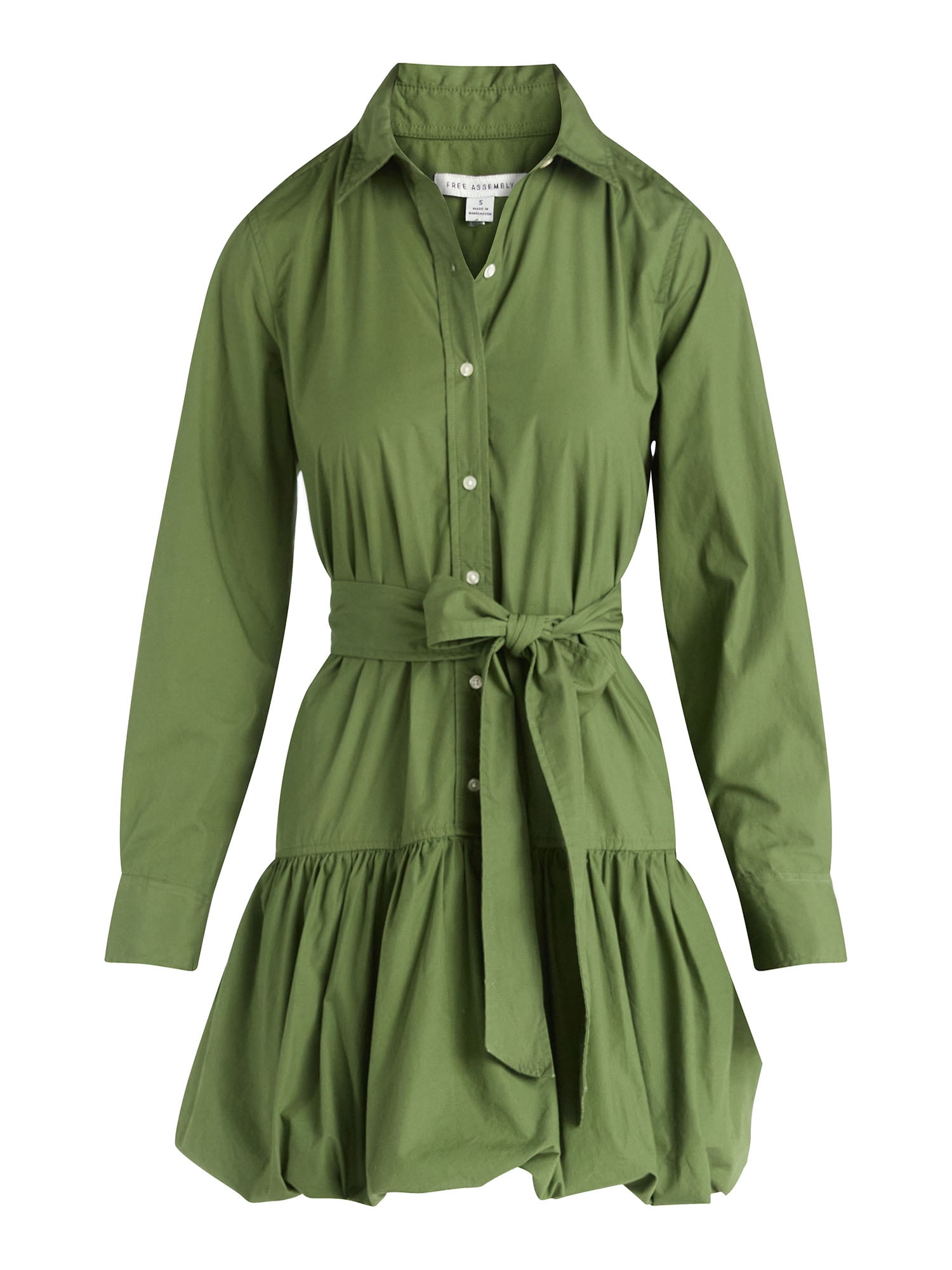 Free Assembly Women's Belted Bubble Hem Cotton Mini Dress with Long Sleeves, Sizes XS-XXL