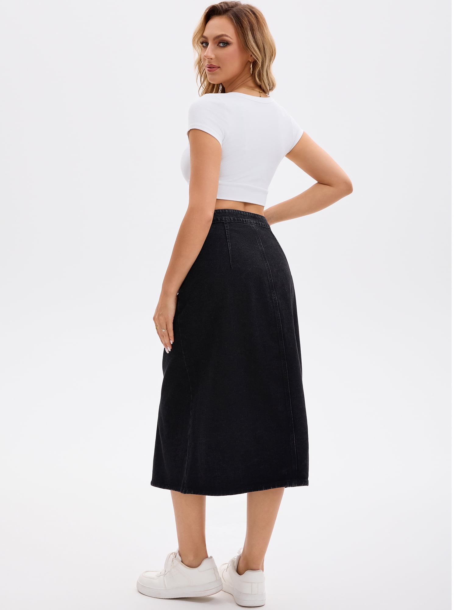 DARING DIVA Women's Button Down Front Slit A Line Midi Jean Skirts XL Black