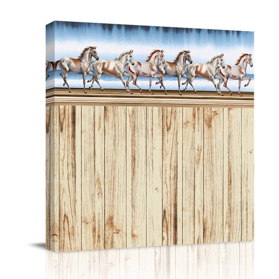 Western Horses Canvas Wall Art for Living Room, Watercolor Brown Running Horse Beige Wood Grain Wall Decor Framed Artwork Pictures Ready to Hang for Bedroom Office Home Decor