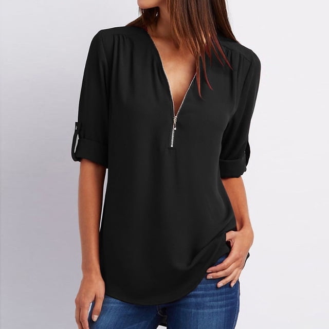 2018 Designed Womens V Neck Long Sleeve Roll-up Sleeve Zipper Blouse Tops Fall 