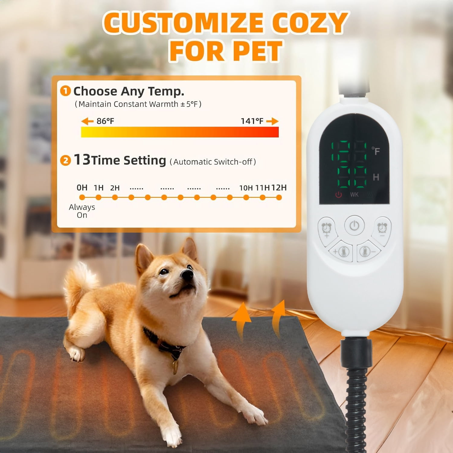 Petbank Pet Heating Pad, 18"X28" Dog Cat Self-Warming Bed, Electric Pet Heating Pads with 12 Temperature Modes, 12H timer, Indoor Outdoor Pet Heating Mat with Chew Resistant Cord, Gray
