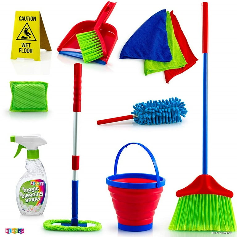 AOKESI 7 Piece Kids Cleaning Set, Wooden Detachable Cleaning Toys Includes  Broom Dustpan Mop Brush Duster Rag and Hanging Stand, Pretend Play
