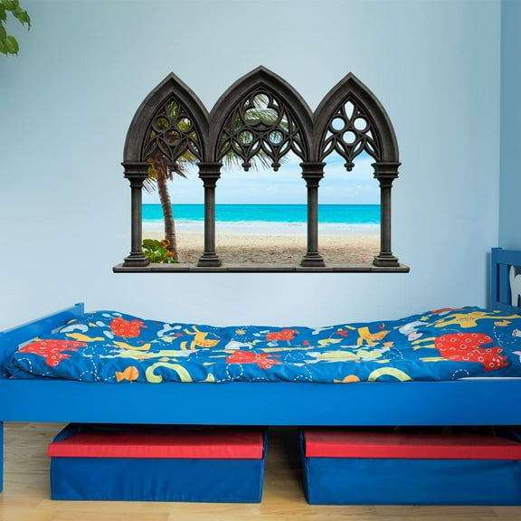 VWAQ - Castle Window Decals for Walls Ocean Beach Palm Trees Wall Decals Sea Decor Sticker Seascape Mural - NWC15