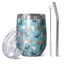 12oz Stemless Wine Tumblers Halloween Ghosts and Bats Pattern Vacuum Insulated Stainless Steel Travel Tumbler Cups Mug with Lid and Straw for Champaign,Cocktail,Beer with Cleaning Brush