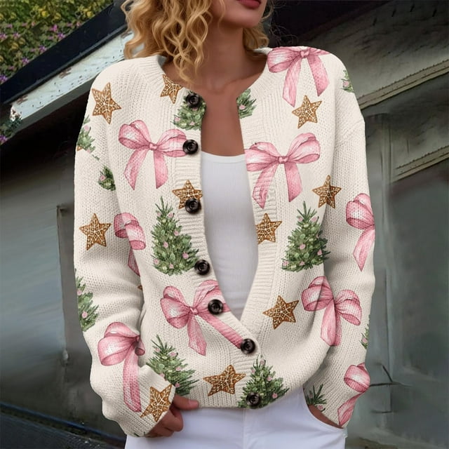 Plus Size Women's Christmas Santa & Tree Embroidered Cardigan Long Sleeve Round Neck Button Down Knit Sweater For Holiday Season