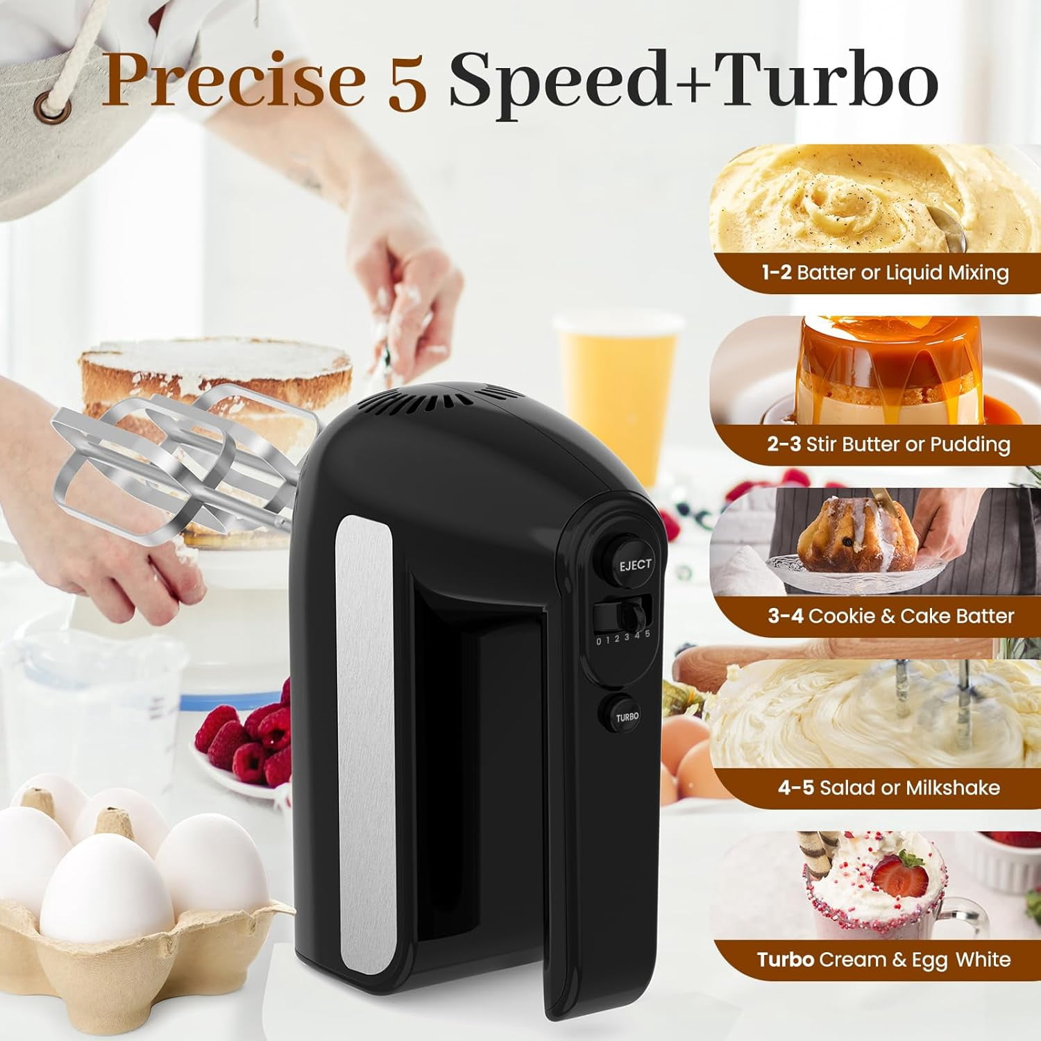 5-Speed Electric Hand Mixer 800W with , Storage  & 6 Stainless Steel Attachments for Baking