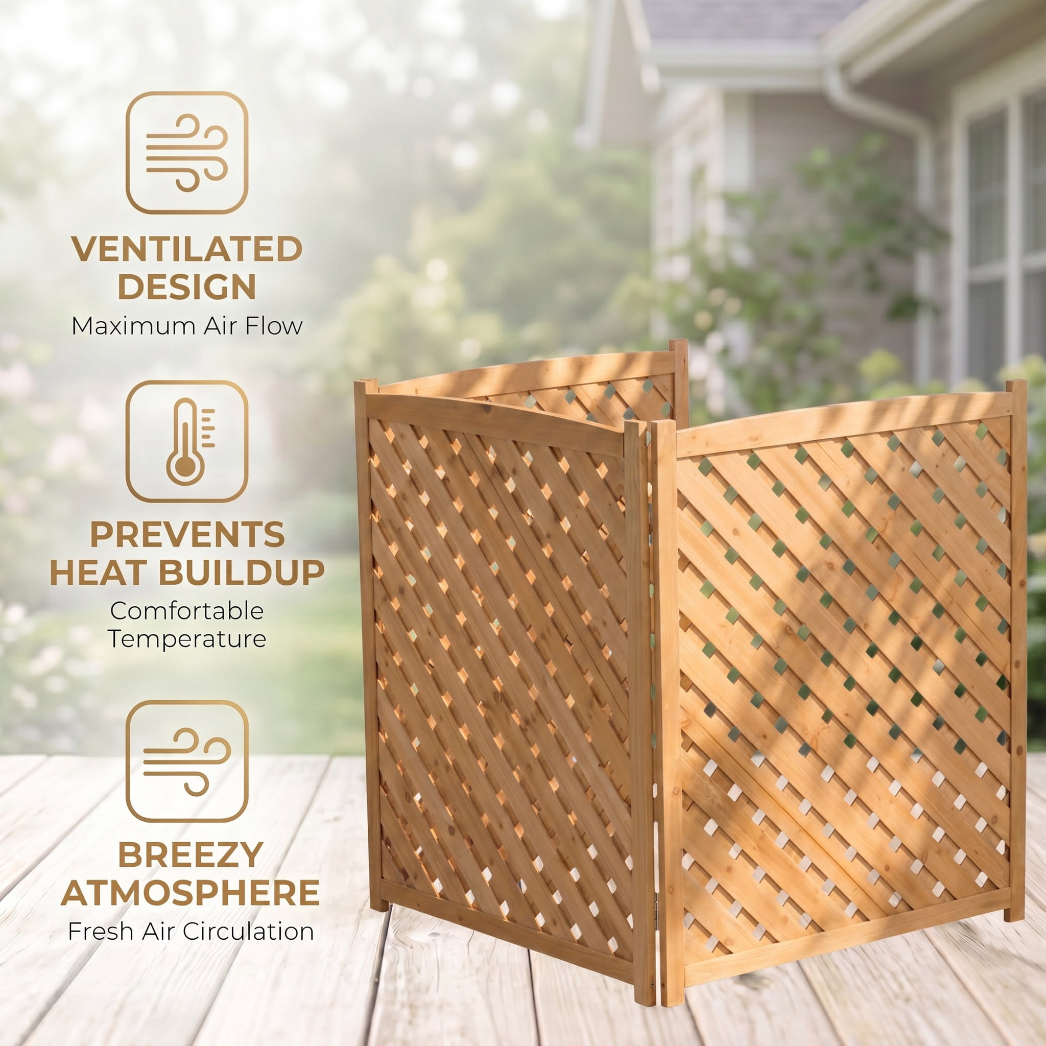 Outdoor Wood Privacy Fence 3-Panel 32W x 38H, Solid Wood Air Conditioner Screen with Slat Spacing for AC Unit Trash Can Pool Pump Enclosure, Light Brown