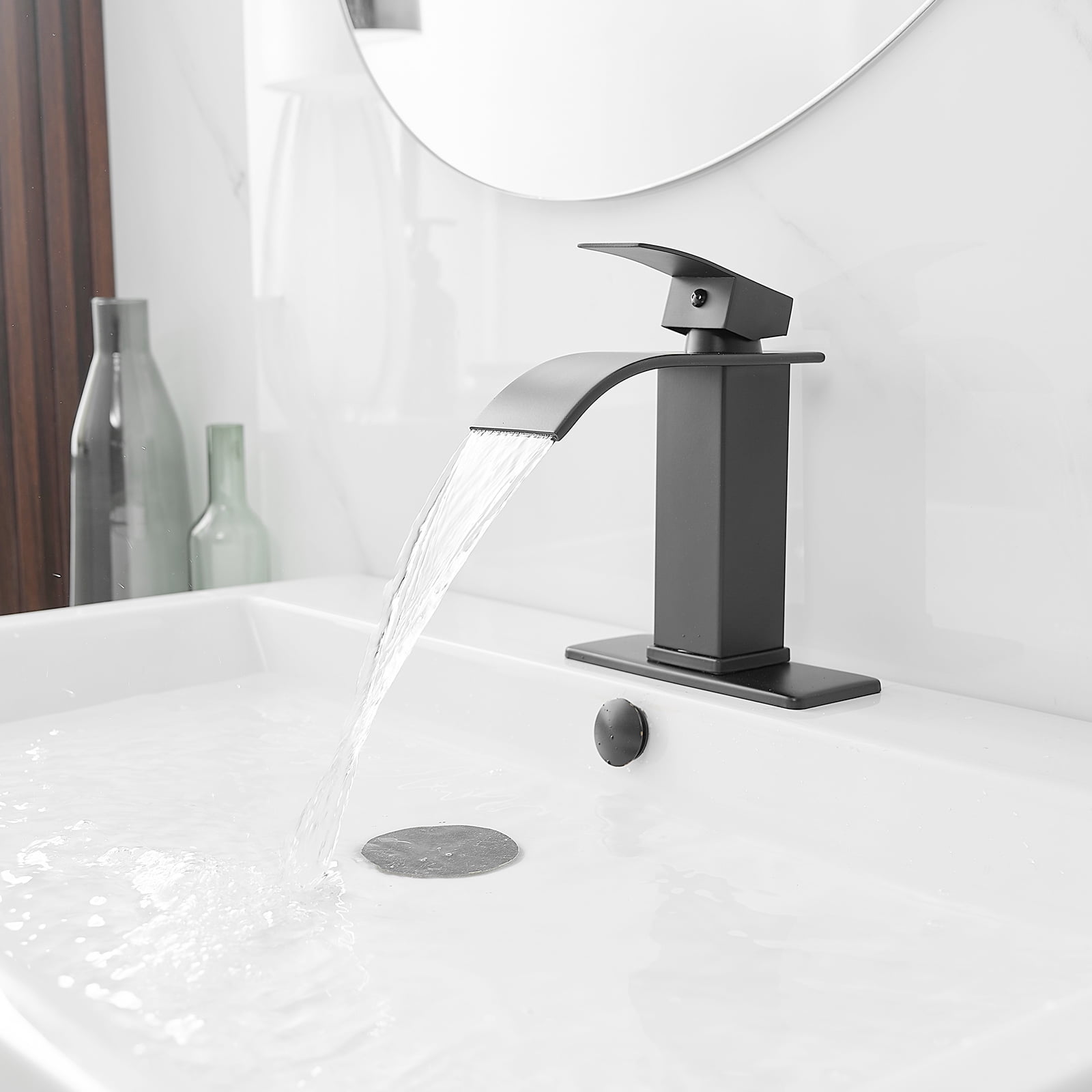 Open Box Waterfall Single Handle Single Hole Low-Arc Bathroom Faucet Bathroom Drip-Free Vanity Sink Faucet in Matte Black