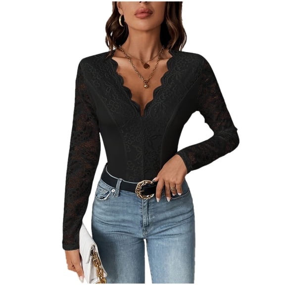 Lace Bodysuit Long Sleeve for Women Deep V Neck Going Out Shapewear Leotard Shirt Black M