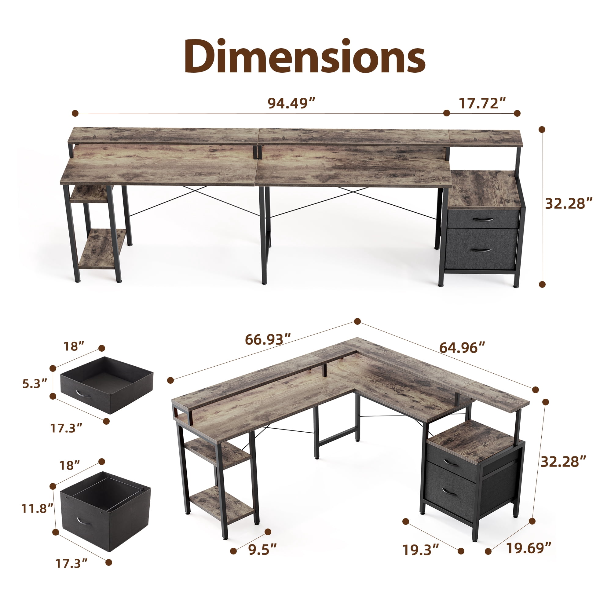 66.93 Inch L-Shaped Desk with Storage Drawers, Gaming Desk with Power Outlet & LED Light Strip, Corner Computer Desk with Shelves for Home Office Workstations, Grey
