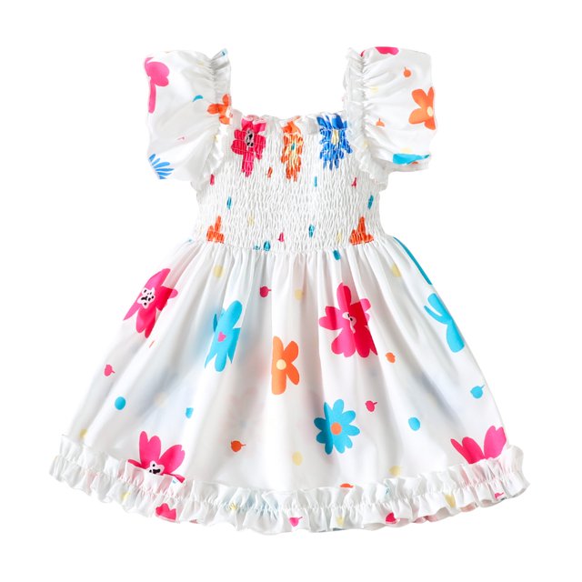 Robes Décontractées pour Bébés Filles Imprimé Floral Col Carré Manches Courtes Robe Décontractée Sportwear, Blanc, 12-18 Mois