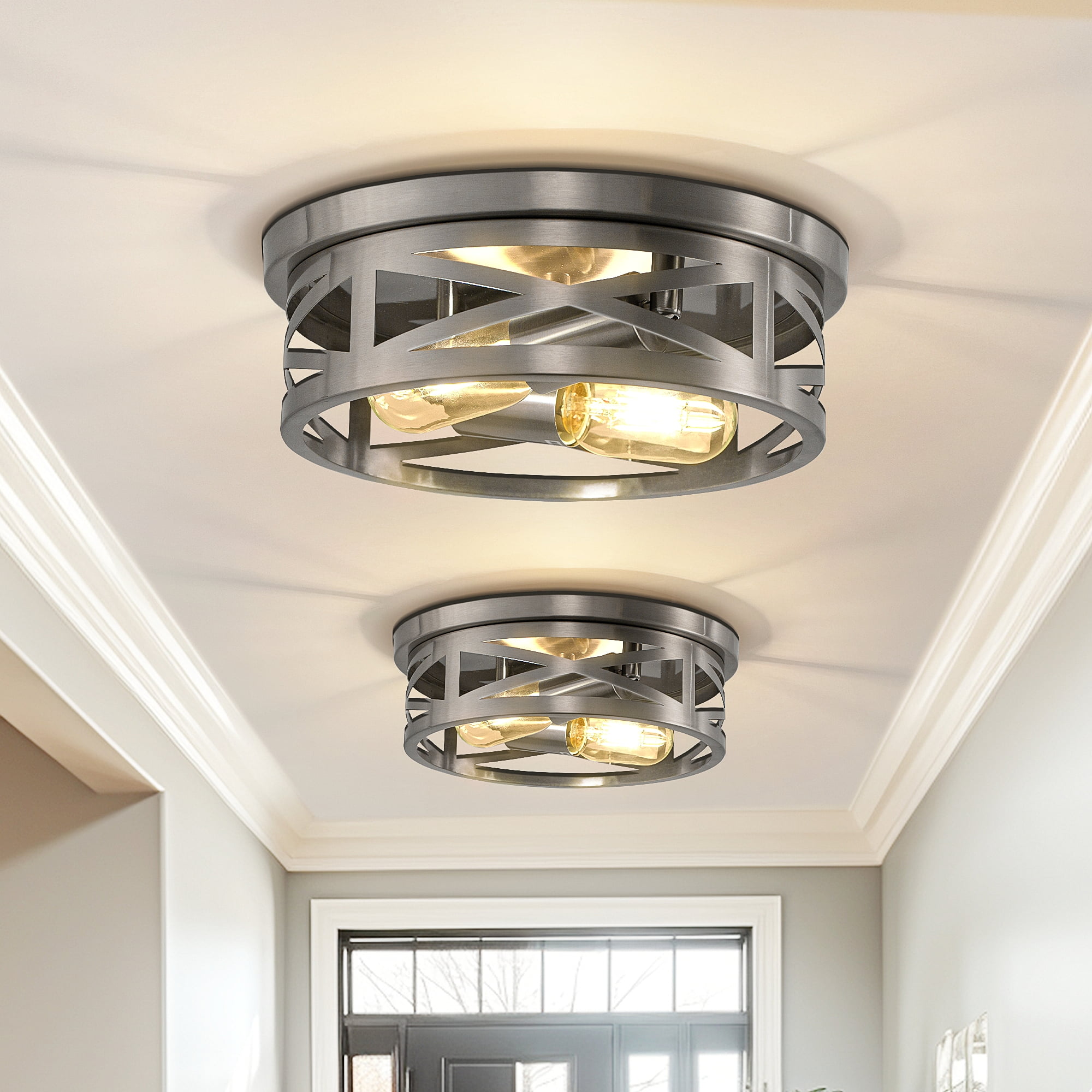 Briignite Modern Flush Mount Ceiling Light Fixtures – 2-Pack Brushed Nickel with Rustic Metal Cage, Ideal for Entryways and Kitchens