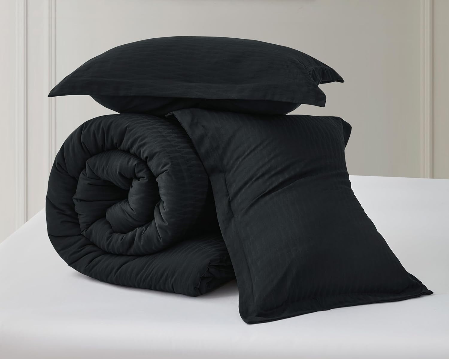 Chezmoi Collection Calvin 3-Piece Jacquard Comforter Set Full Size, Black Textured Woven Lightweight Comforter Bedding for All Season