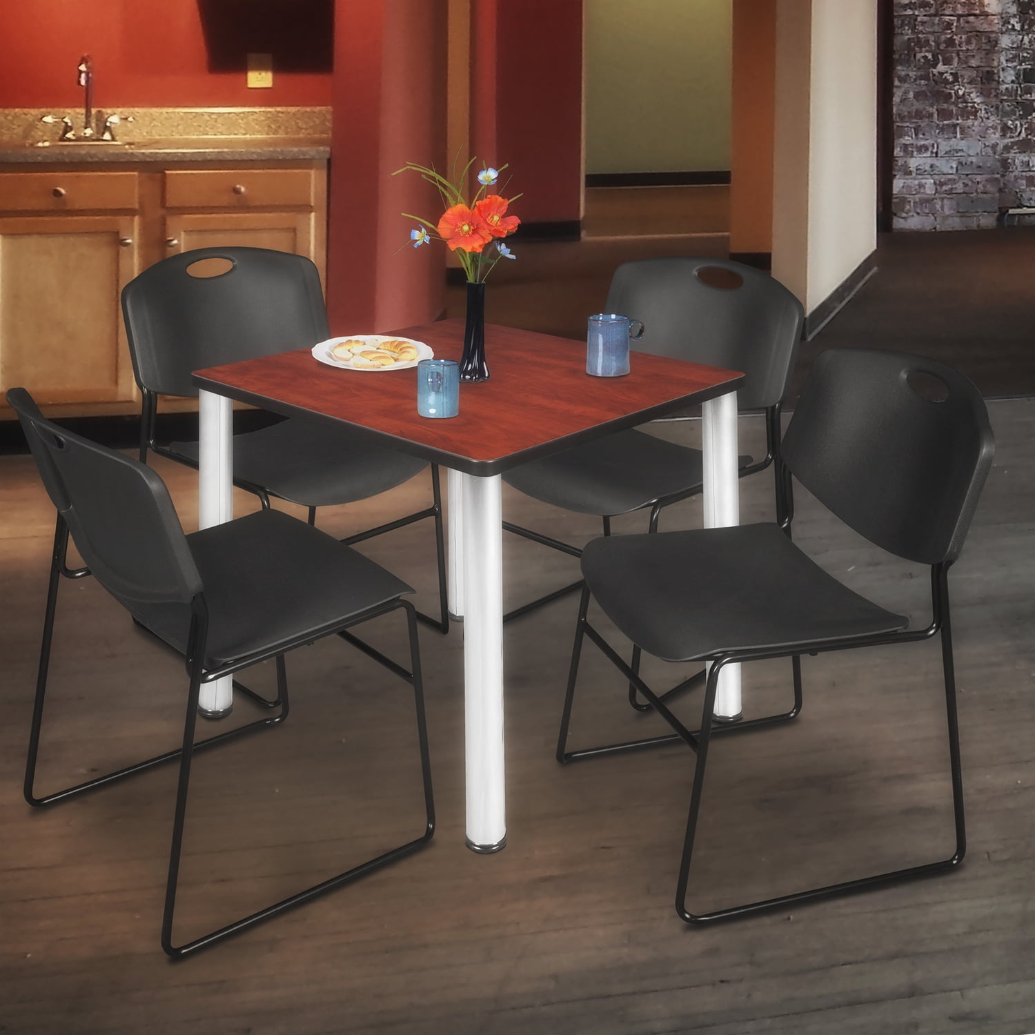 Regency Kee 30 in Square Breakroom Table- Cherry Top Chrome Legs 4 Zeng Stack Chairs- Black