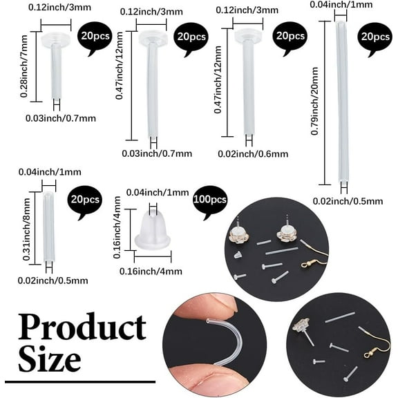 100Pcs 5 Styles Earrings Sleeves Clear Tube Plastic Earrings for Sensitive Ears Piercing Protectors with 100Pcs Silicone Ear Nut for Ears Blank Earring Pin Studs Jewelry Findings