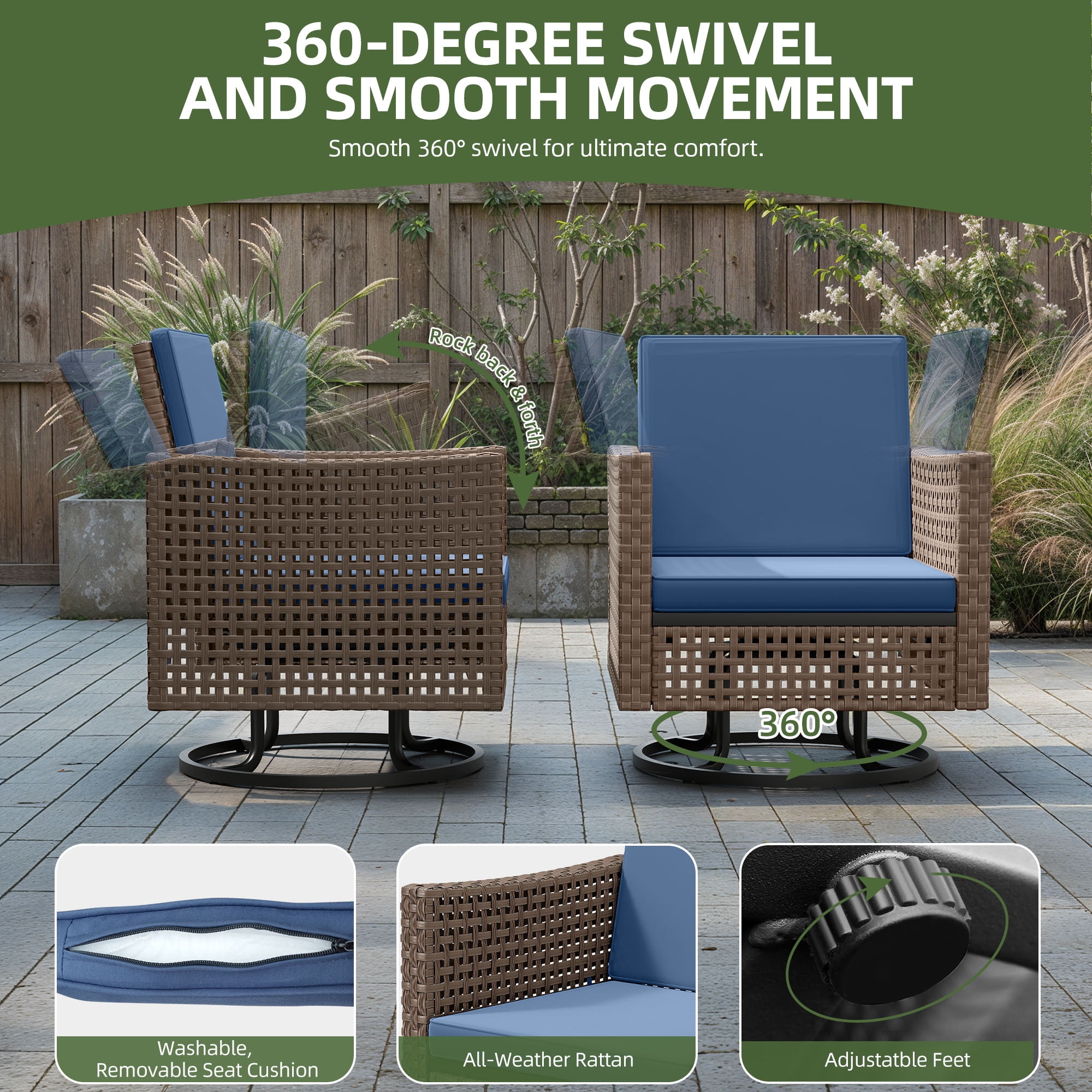 Uforic Patio Swivel Chairs, Outdoor Wicker Swivel Glider Rocking Chairs with Coffee Table and Thick Cushions for Porch Deck - Set of 3, Blue