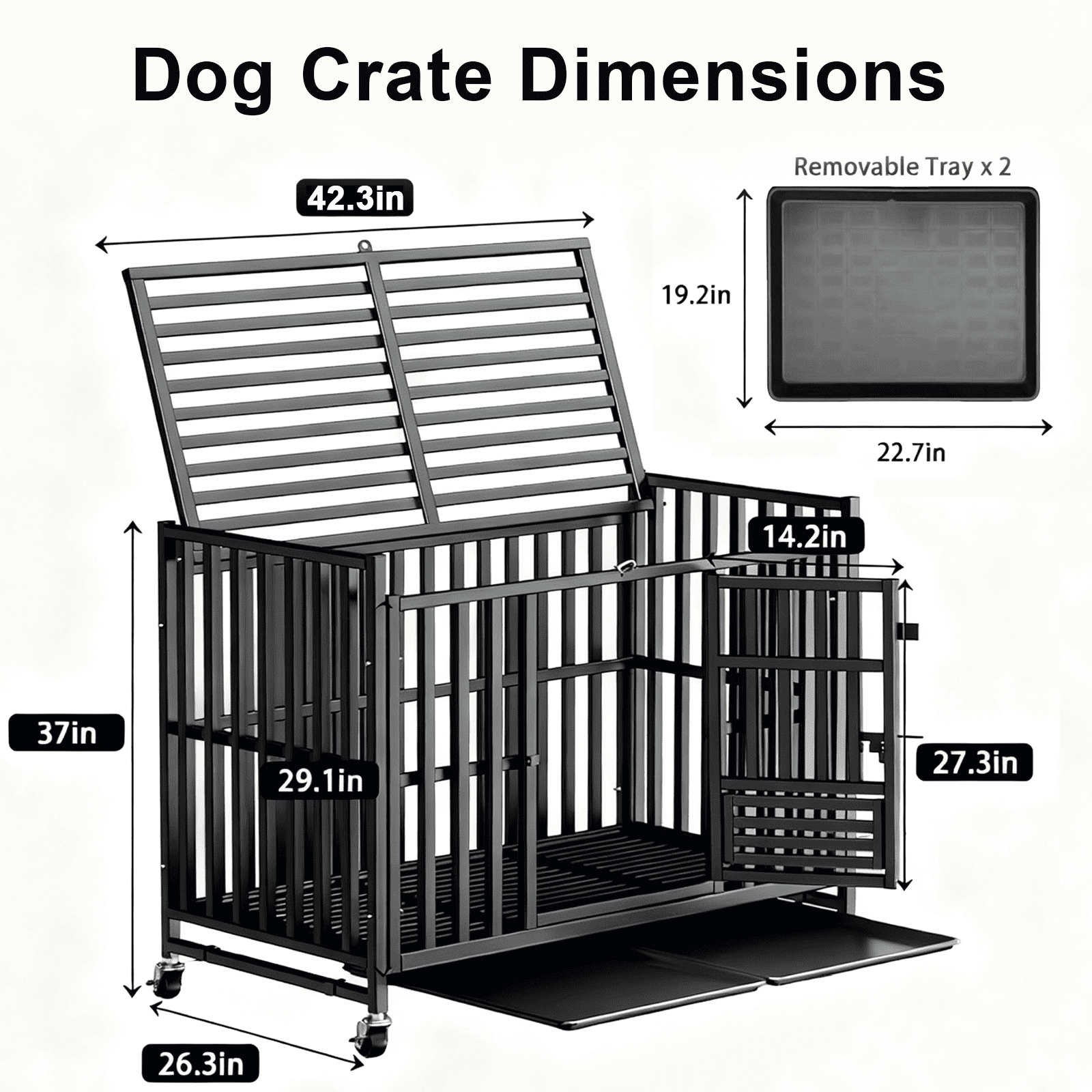 Indestructible Heavy Duty Dog Crate for Dogs, Escape-Proof Metal Kennel with Lockable Wheels & Removable Tray, Reinforced Steel Frame, Easy to Clean