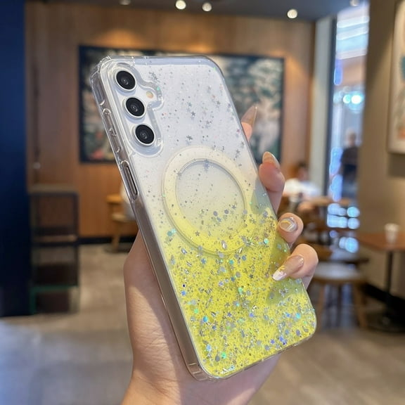 for Samsung Galaxy S25 Case, TPU Cover, Compatible with MagSafe, Glitter Sparkly Design, Ultra Slim Drop Protective Anti-Scratch Anti-Yellow Stylish Phone Case for Women and Girls, Yellow