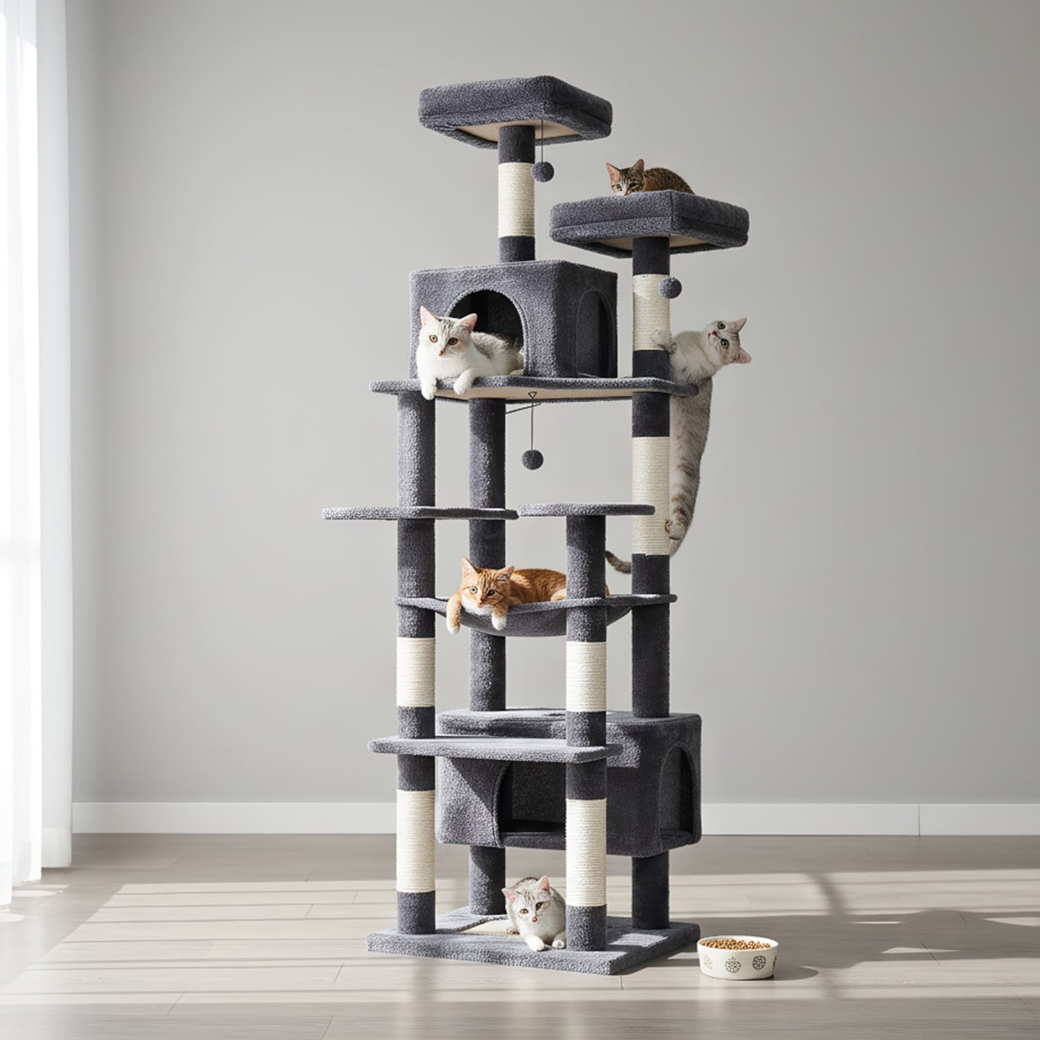 Pefilos 81" Tall Cat Tree for Large Cats, Heavy Duty Cat Tower with 2 Perches, 2 Condos and Spacious Hammock, Large Condo with 7 Scratching Posts, Dark Gray