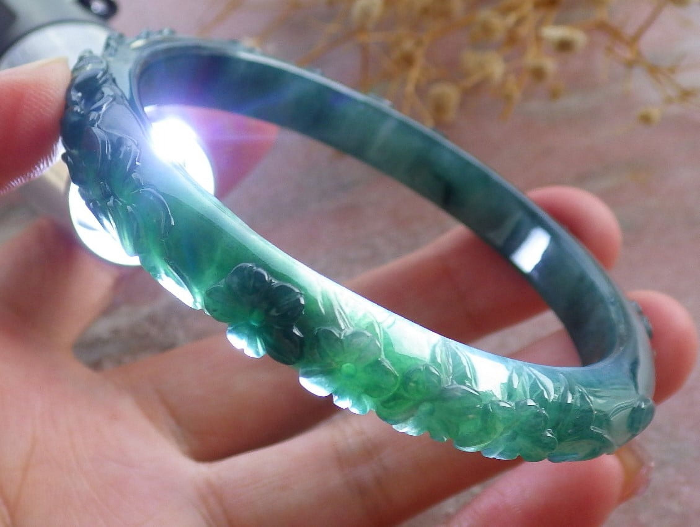 Icy Green Natural A JADE Jadeite Flower Bangle Bracelet 58 mm 683687 TN