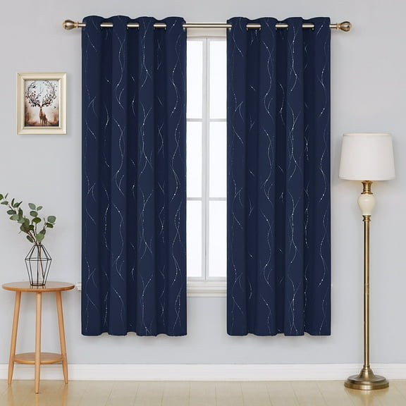 Deconovo Blackout Curtains, Energy Saving, 2 Panels, Navy Blue, 52W x 63L Inch, Noise Reducing, Thermal Insulated With Wave Line and Dots