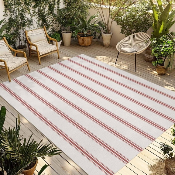 Red Striped Outdoor Rug 6x9 Ft - Reversible Patio Rug Outdoor Camping Rugs, Rustic Red Stripe Modern Art Beige Washable Indoor Outdoor Area Rugs, Non-Slip Outdoor Carpet Runner for Deck/Porch