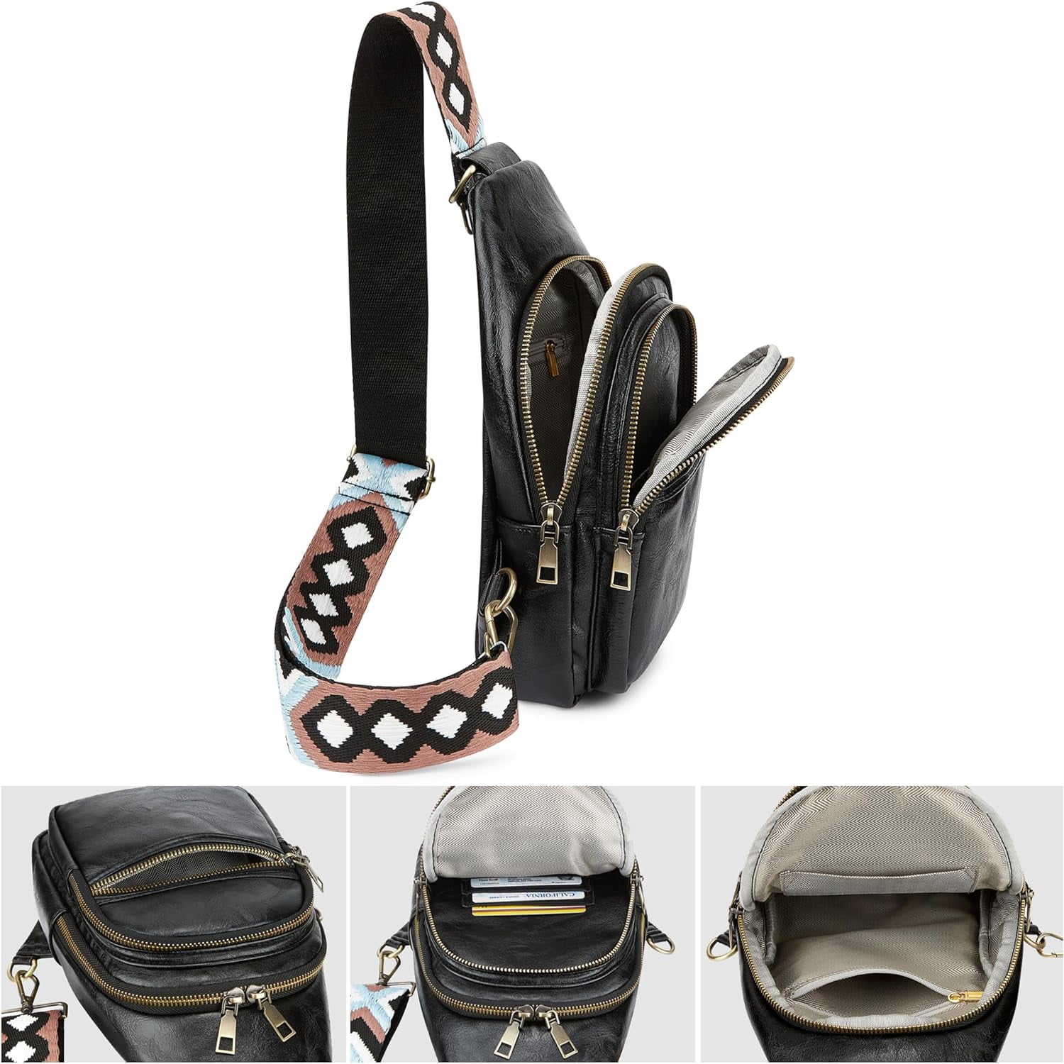 Women's Vegan Leather Sling Bag Packs Small Zipper Crossbody Chest Backpacks