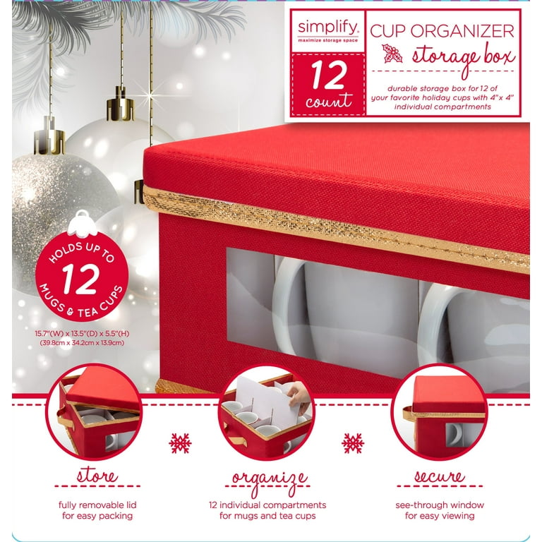 Simplify Holiday 12 Count Mug and Cup Storage Box | Christmas China |  Cardboard Inserts | 4 x 4 Inch Compartments | Tableware Setting | Red