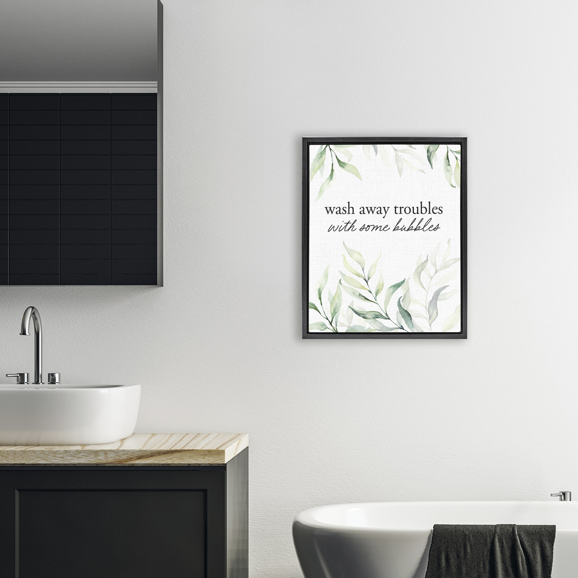 Zen Wash Away Troubles Black Framed Floater Canvas Wall Art, design by Lettered and Lined
