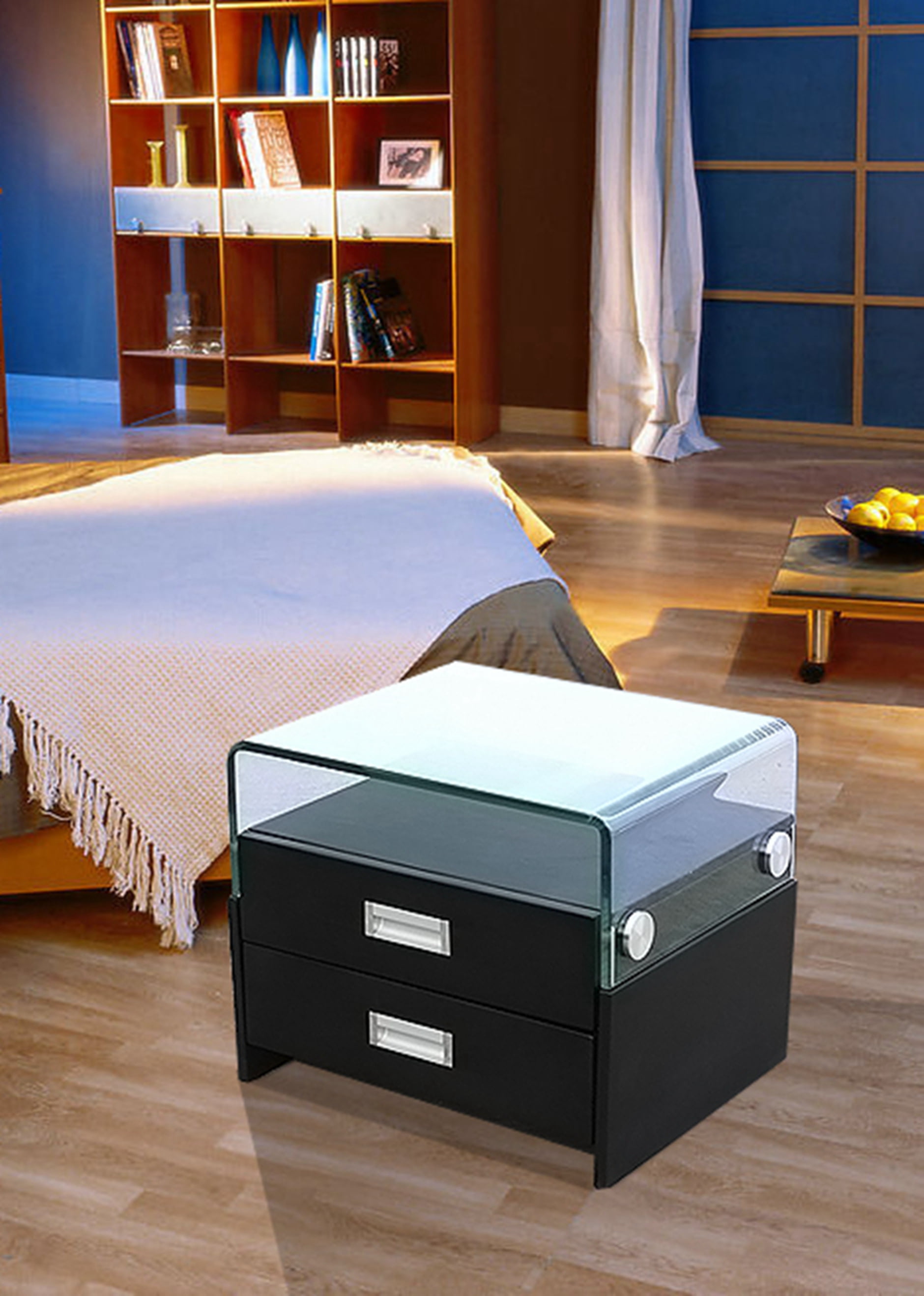 Greatime NL2004 Modern Two Drawers Nightstand with Glass Top, Black