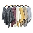thumbnail image 2 of StylesILove Autumn Winter Women Striped Knitted V-Neck Fringe Poncho Pullover Sweater Lightweight Cape Cozy Wrap Tassel Shawl (Khaki), 2 of 6