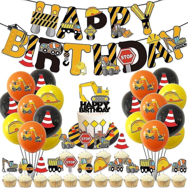 Vehículo de ingeniería, tema de cumpleaños, bandera para tirar, juego de globo de inserción para pastel, pancarta de excavadora, suministros de decoración para fiesta, ingeniero ZefeiWu 8390611560720