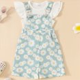 thumbnail image 2 of kaprioy Toddler Baby Girls Summer Outfits 12 18 24 Months 2T 3T 4T 5T Solid Color Ribbed Short Sleeve T-Shirt with Daisy Printed Overall Shorts 2 Pcs Suspenders Suit, 2 of 5