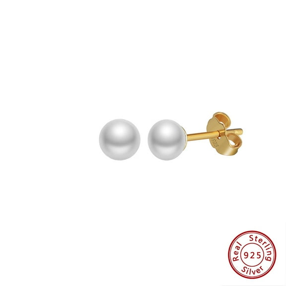 Round Natural Pearl Stud Earrings 925 Sterling Silver Jewelry for Women Real 14K golden Plated 16.5x5.5mm