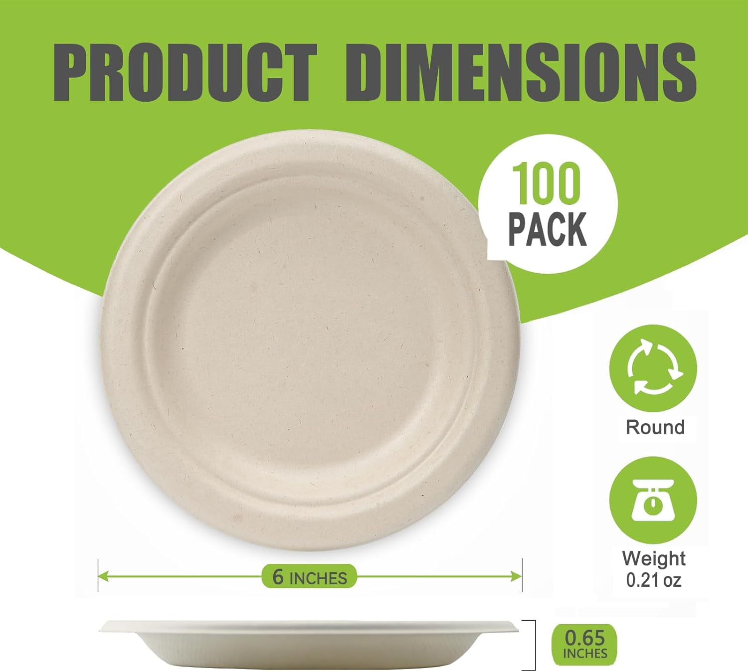 Disposable small paper plates 6-inch (brown) - 100 pack heavy duty natural sugarcane plates, compostable & leak-proof, microwave safe for birthday party desserts & appetizers & picnic snacks, BBQ