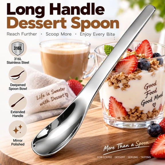 Long Handle Stainless Steel Dessert Spoon 316L Deep Bowl Spoon Mirror Polished Coffee Ice Cream Tasting Serving Spoon