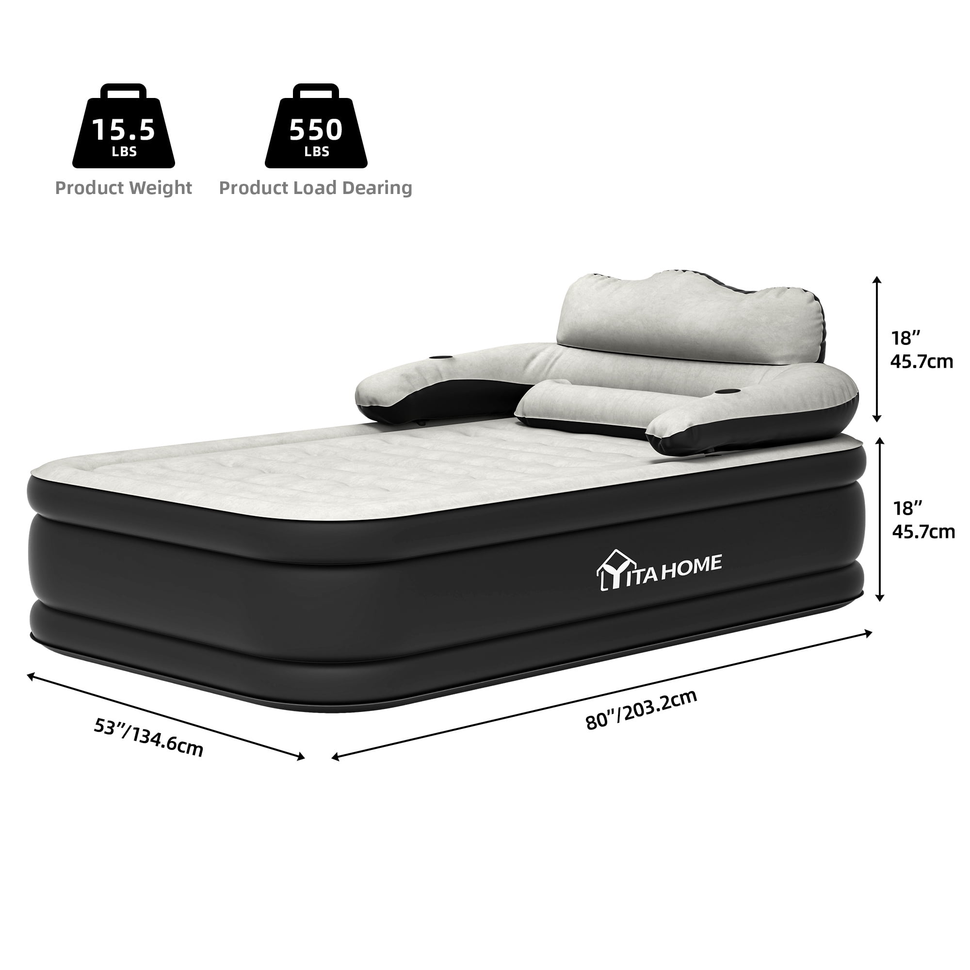 Uforic Full XL Air Mattress with Headboard, 18 Inch Inflatable Bed with Pillow & Removable Electric Pump, Portable Airbed for Camping Home Use, Black