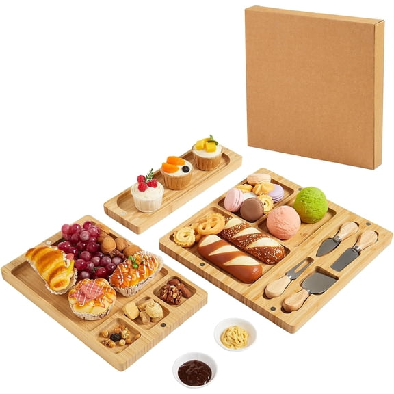 Set of 3 Wooden Mini Charcuterie Boards, Wood Serving Trays and Platters for Food, Wood Small Cheese Board Dinnerware Sets with Knives& Forks for Parties, Snacks,Desserts,Housewarming Gift(Rectangle)