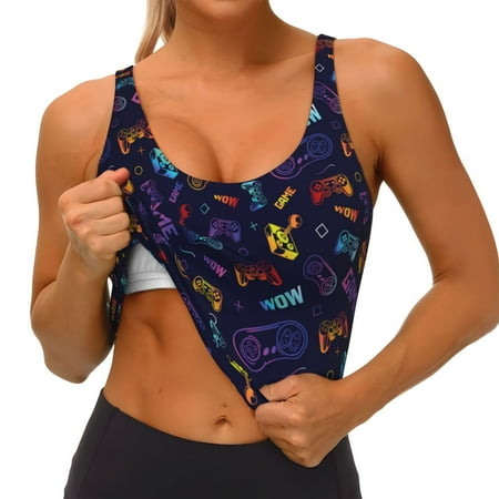 Qokaie Games Pattern Womens Scoop Neck Sports Bra Breathable Workout Vest Padded U Back Medium Impact Fitness Gym Yoga Bra Workout Crop Top
