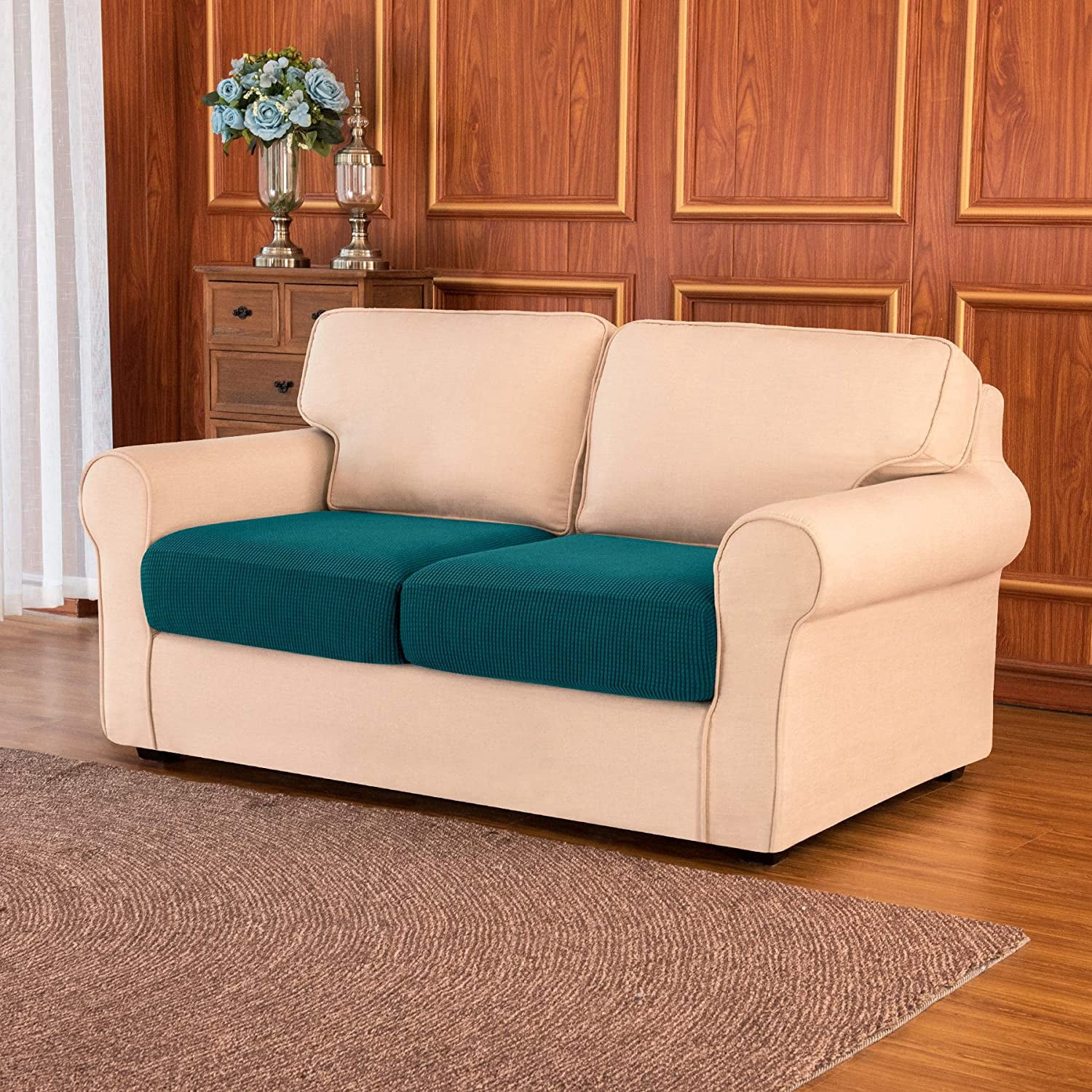 Subrtex Cushion Covers Separate Seat Stretch Textured Grid (2PCS, Teal)
